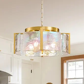 Modern Round Chandeliers for Dining Room: 4-Light Brushed Gold Drum Lights Entryway Light Fixture Hanging - kitchen Chandelier Over Table - Stained Glass Lamp for Bedroom Living Room Foyer Bathroom
