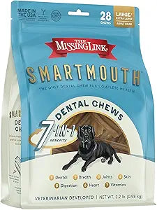 The Missing Link Smartmouth Vet Developed Dental Chew Treats, 7-in-1 Benefits: Healthy Teeth & Gums, Breath, Skin, Joints, Digestion, Heart, Immune System  Large/Extra Large 50-100lb+ Dogs, 28 Ct