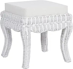 JONATHAN Y Rowan Woven Rattan Vanity Stool with White Cushion, 18.5" Coastal Backless Makeup Chair for Bedroom & Bathroom, White Distressed Mango Wood Wicker Ottoman Footrest VSL1000D