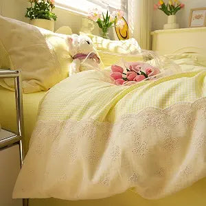 LifeTB Yellow Gingham Duvet Cover Full 3 Pieces Romantic Lace Comforter Cover Soft Microfiber Cream Yellow Grid Duvet Cover Farmhouse Plaid Checkered Comforter Cover Grid Gingham Bedding Set