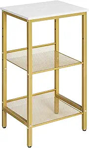 HOOBRO Tall Side Table, 3-Tier Telephone End Table with Adjustable Mesh Shelves, Small Entryway Table with Storage, Small Nightstand for Living Room, Bedroom, Hallway, White and Gold DW01DH01G1