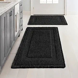 MIULEE Set of 2 Waffle Bathroom Rugs, Boho Bath Rug Super Absorbent, Non Slip Washable Ultra Soft Rubber Backed Shower Bath Mats for Floor, Tub, Shower, Looped Design, Black, 17"x24"+18"x30"