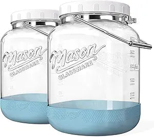 2 Pack Square Wide Mouth Mason Jars, 1 Gallon Glass Jar With Airtight Lid and Scale Marks, 128 FL Oz/3785 ML Food Storage Containers with Handles & Non-slip Bases - for Flour, Rice, Pickling
