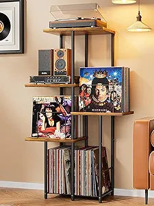 Record Player Stand, Vinyl Record Storage Holder with Display Shelf, Turntable Stand Table with Vinyl Organizer Dividers Album Rack, Vintage Style Record Cabinet Wood, Mid Century Modern Tall Console