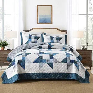 Cotton Quilt Bedding Sets 3 Pieces Soft Reversible Coverlets Luxury Star Real Patchwork Bedspread, Blue White, Queen Size | Real patchwork