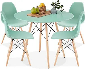 Best Choice Products 5-Piece Dining Set, Compact Mid-Century Modern Table & Chair Set for Home, Apartment w/ 4 Chairs, Plastic Seats, Wooden Legs, Metal Frame - Light Green/Oak