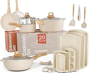 Bakken Master 20 Piece Cookware Set - Pots and Pans with Handle Grips and Tempered Glass Lids, With 6-piece Bakeware Set, Nonstick Granite Coating, Ceramic Max Temperature (Up To 500 F), Cream