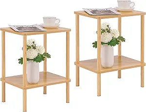 Apicizon 2 Tier End Table Set of 2, Small Side Table with Solid Wood Legs, Boho Bedside Table with Storage Shelf, Nightstand for Small Spaces, Bedroom, Living Room, Entryway, Easy Assembly, Natural