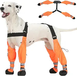 Pezluxe Dog Suspender Boots, Waterproof Anti-Slip Dog Rain Boots with Adjustable Strap for Small Medium Large Dogs, Reflective Paw Protector Pet Shoes for Outdoor Walking, Rain Snow Hiking, Orange, XL