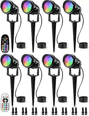 SUNVIE 12W RGB Color Changing Landscape Lights Low Voltage LED Landscape Lighting Remote Control Spotlight Waterproof Garden Yard Halloween Christmas Decoration Outdoor, 8 Pack with Connector