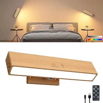 Rechargeable Wood Wall Lights with Remote & Touch, 5200mAh Battery Operated Wall Sconce 3 Color Temperatures & RGB. Magnetic, Stick-On, Dimmable Wall Reading Lamp for Bedroom, Living Room, Picture