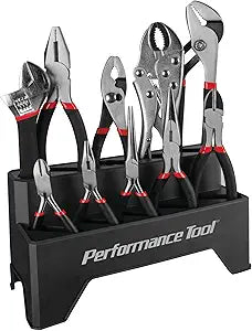 Performance Tool W1705 Pliers Set with Rack (10 Pieces) - Double Dipped Grip Handles, Heat-Treated Alloy Steel, Free Standing or Pegboard Hanging, Machined Jaws, Induction Hardened Cutting Edges