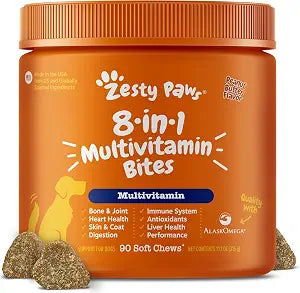 Zesty Paws Multivitamin Treats for Dogs, Glucosamine Chondroitin Joint Support + Digestive Enzymes & Probiotics, Grain Free Dog Vitamins and Supplements for Skin & Coat, Peanut Butter - 90ct