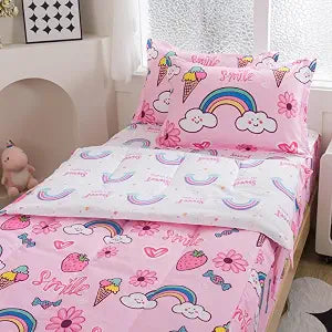 lishjekee 4 Pieces Kids Zipper Bedding Twin Pink Rainbow Strawberry Comforter Set for Girls Sweet Kawaii Bedding Set Zip Up Bed in A Bag Floral Bed Set 1Comforter 1Fitted Sheet 2 Pillowcases