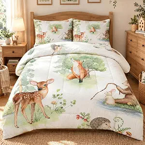 Wildlife Animals Comforter Set Twin for Kids Woodland Fox Deer and Bear Print Bedding Set Soft Cartoon Animal Print Bed Set White Green Forest Quilt Set with 1 Comforter + 1 Pillowcase