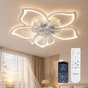 addlon 27" Low Profile Flush Mount Ceiling Fan with Light, White Modern Flower Ceiling Fan for Bedroom & Kids Room, Quiet, Bladeless, Dimmable LED, Remote & Bluetooth APP Control, 6 Speeds, Reversible