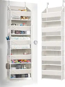 ULG 1-Pack Over Door Organizer with 5 Large Pockets 10 Mesh Side Pockets, 44 lbs Weight Capacity Hanging Storage Organizer with Clear Window for Bedroom Bathroom Kitchen, RV, Camper, Beige
