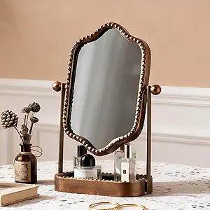 Vintage Makeup Mirror with Tray, 360 Rotatable Antique Table Vanity Mirror with Stand, Metal Retro Desktop Dressing Mirror for Home Decor, Countertop, Bedroom, Bathroom, Living Room
