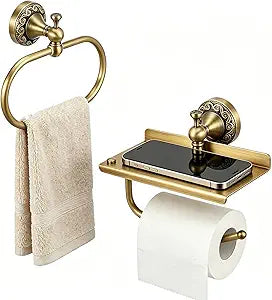 Antique Brass Toilet Paper Holder with Phone Shelf, 2 Piece Hand Towel Ring & Toilet Tissue Roll Holder Set, Vintage Gold Wall Mounted Bathroom Hardware Accessories, Rustproof Brass Towel Holder