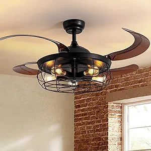 48" Retractable Ceiling Fan with Lights and Remote, Rustic Fandelier Black Bladeless Industrial Ceiling Fan for Farmhouse Living Room Dining Room Bedroom Kitchen Garage