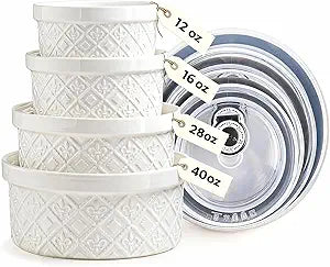 Large Mixing Bowls with Airtight Lids, Classic White Porcelain Embossed Nesting Salad Bowls for Baking and Cooking, 12/16/28/40oz Serving Bowls Set of 4, Oven and Dishwasher Safe, Thanksgiving Gift
