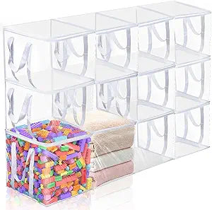 12 PCS Clear Plastic Organizers 12''x12''x12'' Blanket Storage Bags with Zipper Storage Cube Tote with Reinforced Handles for Clothes Moving Supplies Linens Shoes Closet Toys Organizers
