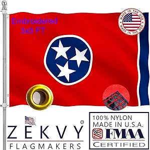 Embroidered Tennessee Flag 3x5 Outdoor Made in USA - Double Sided Heavy Duty Vivid Color TN State Flags with 2 Brass Grommet