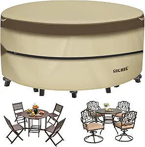 600D Round Patio Furniture Cover Waterproof, Outdoor Heavy Duty Dining Table Chair Set Cover All-Weather Anti-UV Windproof (62" DIA x 28"H) RICHIE