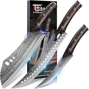 SYOKAMI Butcher Knife Set, 3 PCS Kitchen Knives Set for Cutting, Meat Cleaver Chef Knife Set, Japanese Style High Carbon Steel Knives Set, Chopping & Slicing & Boning for Home and BBQ, Ideal for Gift