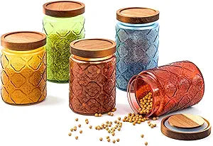 Outus 5 Pcs 23.7 oz, 33.8 oz Vintage Glass Jar with Lids Colored Glass Canisters Jars with Airtight Wooden Lids for Kitchen Counter Flour Sugar Cookie Coffee Tea Storage Containers