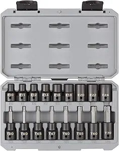 TEKTON 1/2 Inch Drive Torx and Shallow External Star Impact Socket Set with Case, 17-Piece (T30 - T70, E10 - E24) | SKT25801