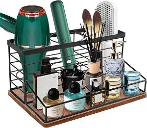 Hair Tool Organizer, Movable Hair Dryer Holder, Hair Styling Tools Storage for Vanity, Bath Counter Organizer, Bathroom Trays for Hair Toiletry, Makeup (12" x 7.7" x 5.8", Wood-Black)
