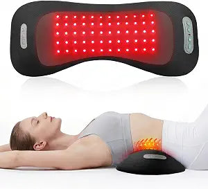 4-in-1 Lumbar Support Pillow with Red Light 650nm 850nm, Lumbar Massager Cordless Rechargeable 5000mAh, Lower Back Massager with Vibration, Airbag Traction & Heating for Back Waist Comfort, Black