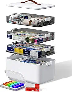 Medicine Storage Organizer, 4-Tier Medicine Box with 7-Day Pill Case, Clear Trays and Carry Handle, Empty First Aid Storage Case for Pills and Bottles