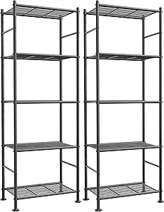 Sakugi Storage Shelves - Set of 2, 5-Tier Metal Shelf Organizer, Space-Saving Garage Shelving with Leveling Feet, Standing Shelves Organizer for Kitchen, Laundry, Pantry (18.4" x 12.6" x 57.4", Black)