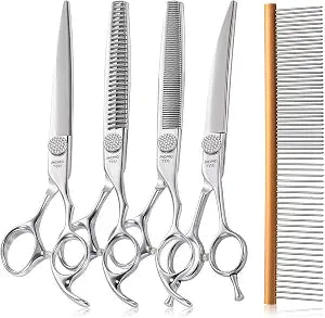 Polished Dog Grooming Scissors Set with Simulation Diamond 440C Stainless Steel Thinner Curved Straight Chunker Shears with Comb 7.5''