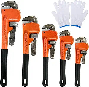 5-Piece Heavy Duty Pipe Wrench Set - 8", 10", 12", 14", 18" Adjustable Plumbing Wrench Set, with Soft Handle & Gloves, for Plumbers, Home, Pipeline, Auto Repair