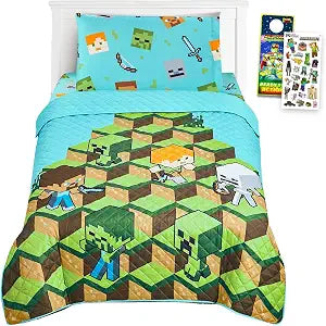 Minecraft Twin Bedding Set - Bundle with Bedspread, Flat Sheet, Fitted Sheet, and Pillowcase for Twin Bed, Stickers, More | Minecraft Bedroom Decor