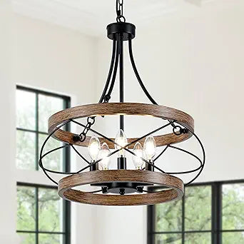 5-Light Farmhouse Chandelier, 17.72" Rustic Drum Dining Room Light Fixture, Vintage Wood Finish Metal Hanging Pendant Lighting, Industrial Candle Chandeliers for Living Room Kitchen Entryway Bedroom