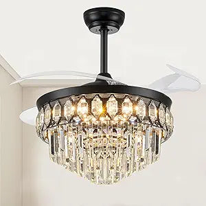 FIDGRA 42 Inch Fandelier Ceiling Fan with Light, Retractable Ceiling Fan with Lights Chandelier Fan for Bedroom, Living Room, 3 Color Temperature, 6 Wind Speed-Black