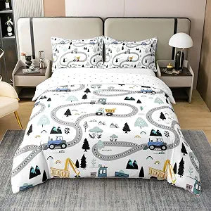 Erosebridal 100% Organic Cotton Vehicle Duvet Cover, Construction Truck Comforter Twin Comforter Set Tractor Bedding Twin Bedding Sets for Boys Cute Comfy Cozy Room Decor, Yellow Grey