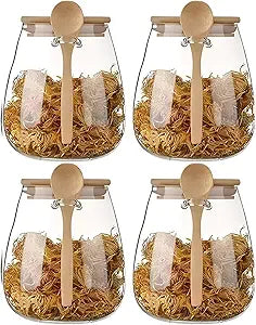 Airtight glass jar storage container with bamboo lid Set of 4, wide mouth, leak-proof, With a spoon, can be used for coffee beans, tea leaves, grains, dried fruits, etc (Large*4PCS)