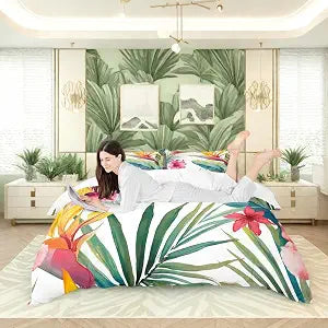 Tropical Tree Plant Duvet Cover Set Queen Size with Zipper Closure, Watercolor Red Hibiscus Flower Pattern Printed Comforter Cover,Palm Leaves Bedding Sets with 2 Pillow Cases,Soft,Green Pink