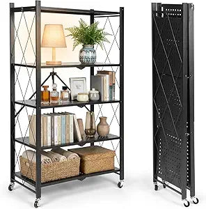 4-Tier Foldable Shelf, Black-Strong and Durable Multipurpose Folding Shelves for Storage with Locking Wheels-Easy to Assemble, Clean, Fold