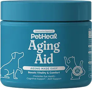 PetHeal Aging Aid Chews for Senior Dogs - Vet-Reviewed - Supports Joints, Energy & Vision with Hemp, DHA, Blueberry & Spinach | Fights Inflammation & Promotes Vitality | 30 Pork-Flavored Soft Chews