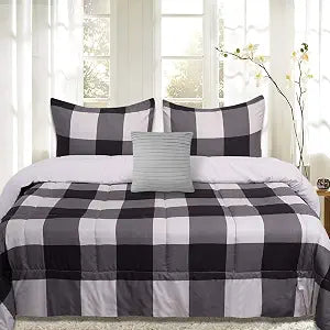 7 Piece Comforter Set Bag Solid Color All Season Soft Down Alternative Blanket & Luxurious Microfiber Bed Sheets, Queen, Buffalo Plaid Black/Gray/Black Sheet