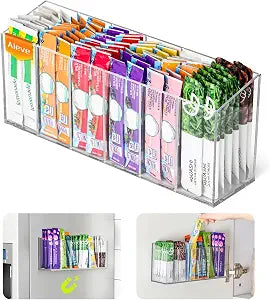 AIEVE Drink Packet Organizer, Mountable Water Packet Organization Holder with Adhesive & Magnetic Sticker, Pantry Organizers Kitchen Storage for Countertop Table Fridge Cabinet