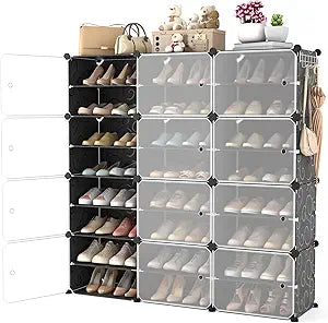Portable Shoe Rack Organizer with Door, 48 Pairs Shoe Storage Cabinet Easy Assembly, Plastic Adjustable Shoe Organizer Stackable Detachable Free Standing Shoe Rack DIY Expandable 8 Tier Black