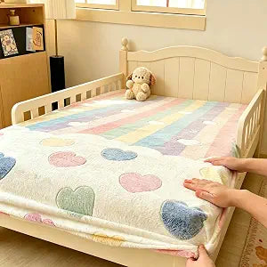 MorroMorn Fleece Fitted Sheet Twin XL Only, Super Soft Plush Bottom Sheet with 20" Deep Pocket, Pink Kawaii Cute for Girls Kids College Dorm Back to School, No Pillowcases (Rainbow Love, Twin XL)