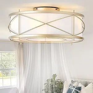 Gold Flush Mount Boho Ceiling Fan with Lights, 20" Caged Rattan Ceiling Fans with Light and Remote, Enclosed with 6 Speeds for Living Room, Bedroom, Nursery